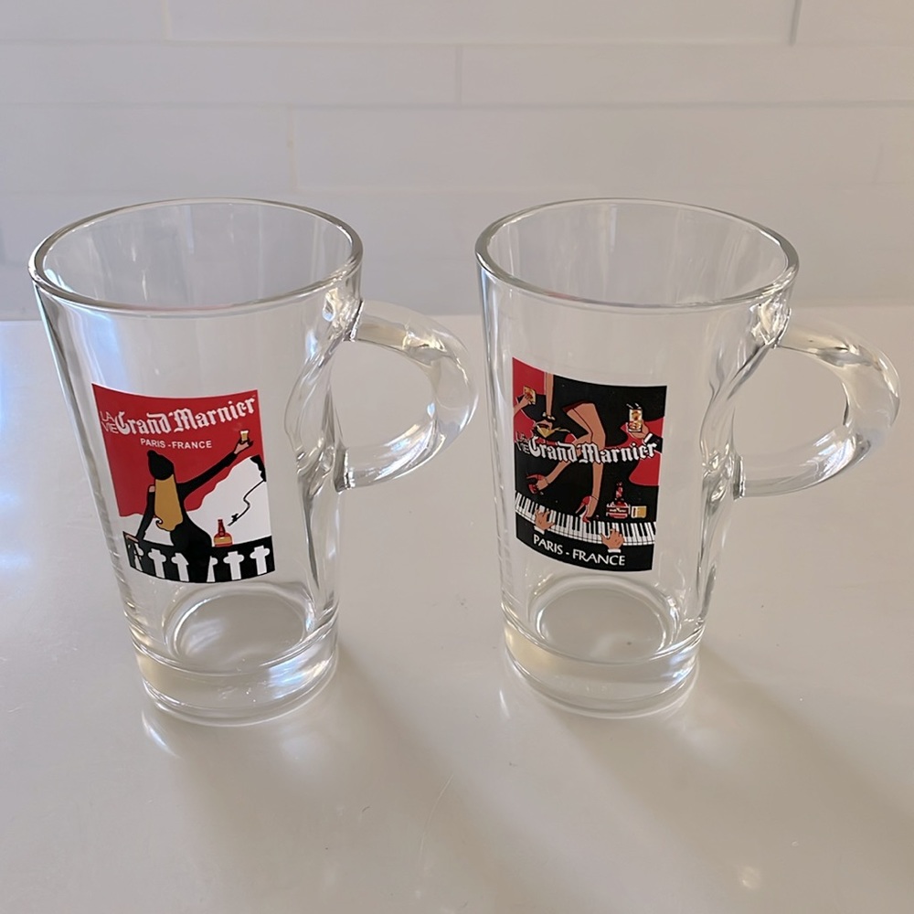 2 Jordi Labanda logo ART Grand Marnier Glass Pinched Coffee Mug Cups w Handle